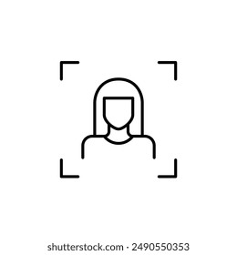 Acceso biométrico. Tecnología de reconocimiento facial. Mujer joven con el pelo largo. Icono de Vector perfecto