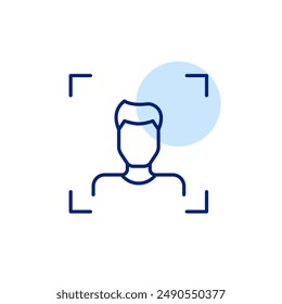 Biometric access. Facial recognition technology. Young man with short hair. Pixel perfect, editable stroke icon