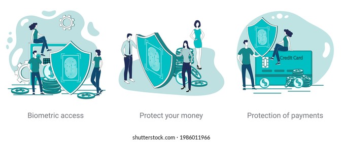 Biometric access, secure money, and secure payments.A set of vector illustrations on a business theme.Abstract illustrations in green color.