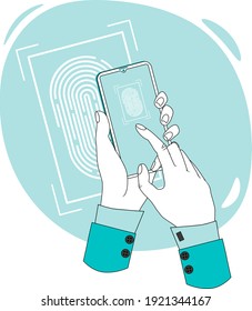 Acceso biométrico.Una persona con un smartphone obtiene acceso a sus datos mediante un escáner biométrico.El concepto de protección de datos.Ilustración vectorial plana.