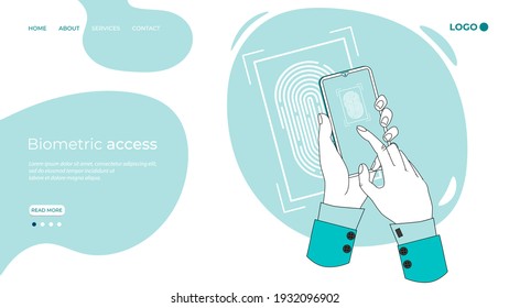 Biometric access.A person with a smartphone gets access to their data using a biometric scanner.The concept of data protection.Flat vector illustration.The landing page template.