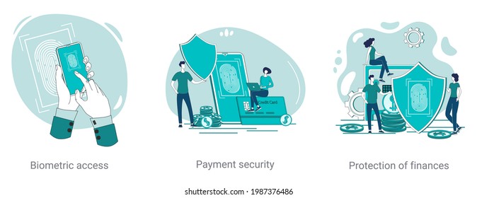 Biometric access,secure payments, and financial protection.A set of vector illustrations on a business theme.Abstract isometric illustrations in green.
