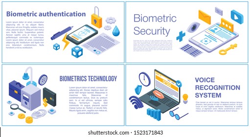 Biometric authentication banner set. Isometric set of biometric authentication vector banner for web design