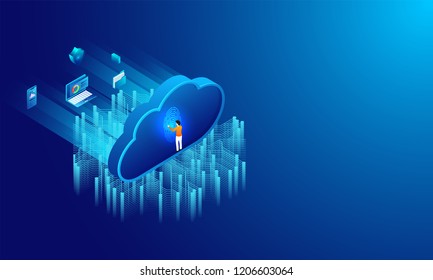 Biometric Authentication concept, essential business equipments, man unlock password through fingerprint scanner, cloud storage data security concept based isometric design.