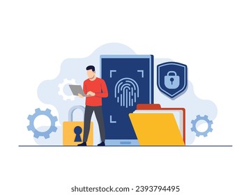 Biometric authentication concept flat illustration, Data and account protection with fingerprint scanner, Personal data protection, Biometric lock concept for landing page, web banner, infographic