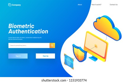 Biometric Authentication concept isometric illustration of desktop with security shield and fingerprint scanner for data and security landing page design.