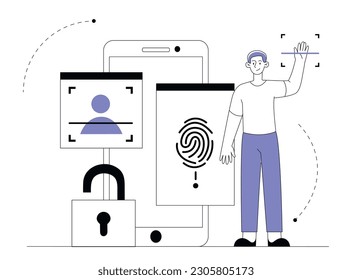 Biometric authentication concept. Man scans his fingerprints. Authorization and identity verification. Safety and security of personal data, protection. Linear flat vector illustration