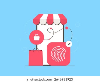 Biometric authentication in e-commerce with secure fingerprint scan, digital identity check, mobile shopping protection. Secure online store concept for biometric authentication vector illustration