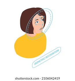 Biometric authentication facial recognition isometric icon with female face scanning 3d vector illustration