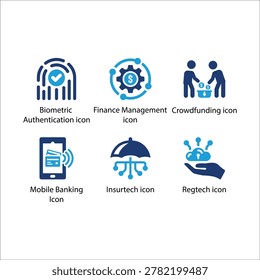 Biometric Authentication, Finance Management, Crowd funding, Mobile Banking, Insurtech, Retch, icon