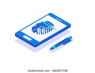 Biometric Authentication. Flat 3d Web Isometric Contract Signature Infographic Concept Vector