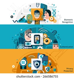Biometric authentication horizontal banner set with privacy protection and recognition elements isolated vector illustration