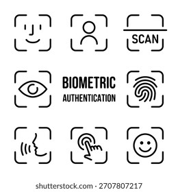 Ícone de autenticação biométrica. Símbolo de digitalização de segurança moderno com face, impressão digital, voz e vetor de reconhecimento de toque. Verificação de identidade limpa para acesso digital seguro. Conceito de proteção inteligente.