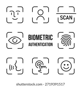 Icono de autenticación biométrica. Símbolo de escaneo de seguridad moderno con Vector de reconocimiento facial, de huellas dactilares, de voz y táctil. Verificación de identidad limpia para un acceso digital seguro. Concepto de protección inteligente.