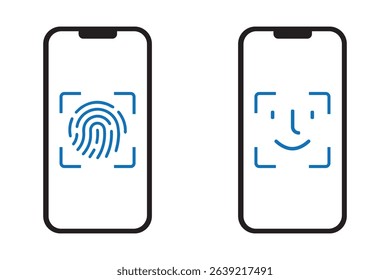 Biometric Authentication Icon Set – Face ID, Touch ID, and Mobile Security Methods Vector Illustration