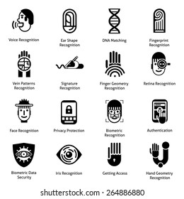 Biometrische Authentifizierungssymbole, schwarz gesetzt, mit Fingerabdruck-Erkennungssymbolen für Sprachmotive, einzelne Vektorgrafik