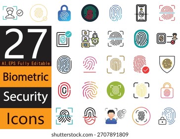 Iconos de autenticación biométrica: identificación facial, huella digital y símbolos de seguridad