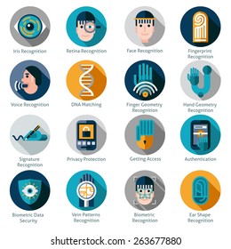 Biometrische Authentifizierungssymbole, die mit Iris-Retina-Gesicht und Fingerabdruckerkennungssymbolen einzeln auf Vektorgrafik eingestellt sind