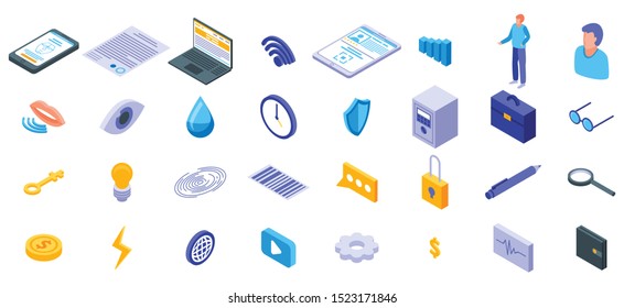 Biometric authentication icons set. Isometric set of biometric authentication vector icons for web design isolated on white background