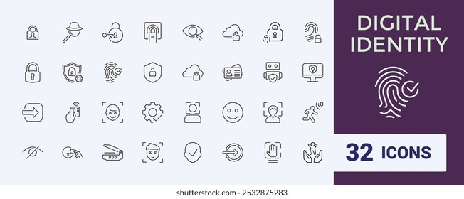 Iconos biométricos y de autenticación. Reconocimiento de voz, huellas dactilares y más. Iconos de línea delgada de Vector perfecto de píxeles. Simple Ilustración vectorial mínima.