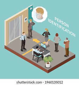 Biometric authentication isometric composition with security check area and people standing in line for facial recognizing vector illustration