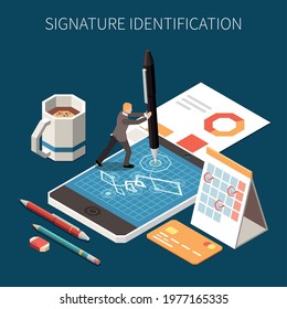 Biometric authentication isometric composition with text and images of working place desktop elements with pen tool vector illustration