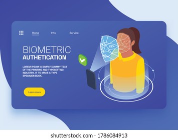 Biometric authentication isometric horizontal banner with face recognition technology 3d vector illustration