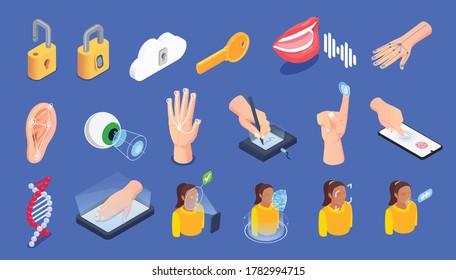 Biometric authentication isometric icons set with fingerprint voice eye face ear dna veins recognition digital signature isolated on blue background 3d vector illustration