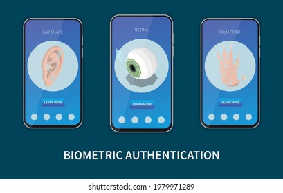 Biometric authentication isometric set of three vertical banners in smartphone frames with personal identification methods images vector illustration