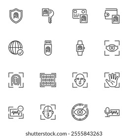 Biometric authentication line icons set, outline vector symbol collection, linear style pictogram pack. Signs, logo illustration. Set includes icons as fingerprint identification, voice recognition
