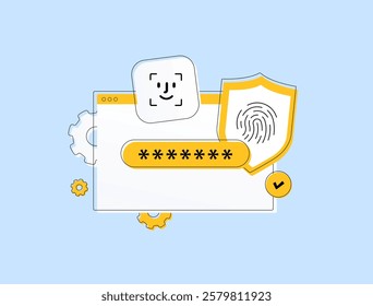 Biometric authentication methods. Facial recognition and fingerprint scanning for secure biometric authentication online access, representing advancements in digital security. Flat Vector illustration