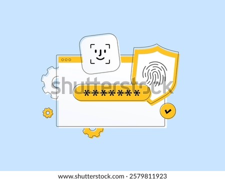 Biometric authentication methods. Facial recognition and fingerprint scanning for secure biometric authentication online access, representing advancements in digital security. Flat Vector illustration