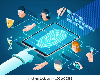 Biometric authentication methods isometric composition  with mobile device fingerprint identification dna match  and facial recognition vector illustration   