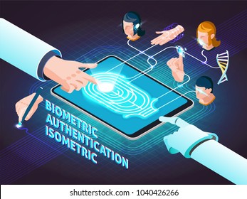 Biometric authentication methods isometric composition poster with fingerprint scanning signature hand geometry and facial identification vector illustration 