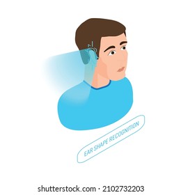 Biometric authentication recognition by ear shape isometric icon with male human character 3d vector illustration