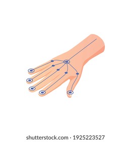 Biometric authentication recognition technology composition with isometric image of human hand with lines vector illustration