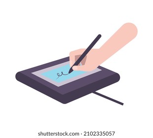 Biometric authentication technology icon with human hand writing signature on electronic device flat vector illustration