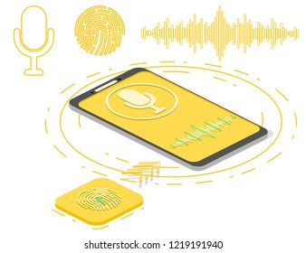 Biometric authentication users security isometric voice recognition, assistant and fingerprint recognition with smartphone and recognition methods symbols vector illustration.