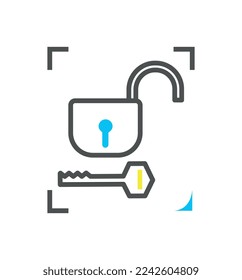 Icono colorido de autorización biométrica. Cerradura abierta con tecnologías clave, modernas y mundo digital. Verificación y autenticación correctas, prueba de identidad. Dibujo vectorial plano de dibujos animados