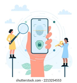 Biometric authorization in mobile app of phone vector illustration. Cartoon tiny people looking through magnifying glass at unique human fingerprint on screen, hand holding smartphone with scanner