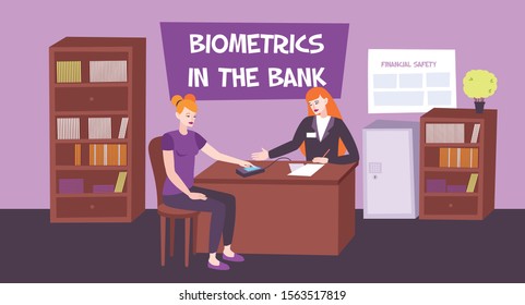 Biometric bank composition with indoor view of bank office with furniture and human characters with text vector illustration