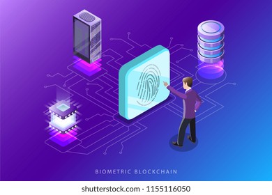 Biometric blockchain flat isometric vector concept.