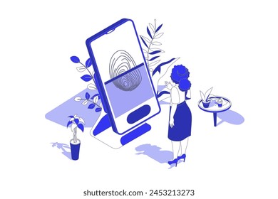 Biometric control 3d isometric concept in isometry graphic design for web. People scene with woman logins to online account or unblock mobile phone with fingerprint identity. Vector illustration.