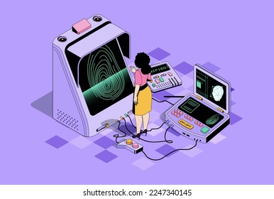 Biometric control concept in 3d isometric design. Woman uses secure access with fingerprint scanning and face recognition identification. Vector isometry illustration with people scene for web graphic