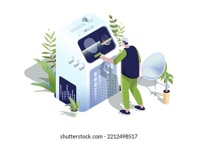 Biometric control web concept in 3d isometric design. People use secure access for save personal data. Man entering password with fingerprint scanning and face recognition. Vector web illustration.