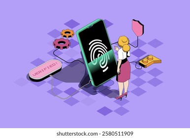 Biometric control web concept in 3d isometric graphic design. Isometry people scene with woman using secure access to mobile phone with id verification and fingerprint scanning. Vector illustration.