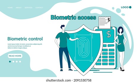 Biometric control.Using biometrics to protect data.Financial access protection is illustrated in the style of a landing page in green.