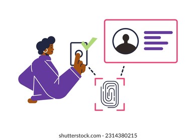 Biometric dactyloscopy scanner or fingerprint recognition, flat vector illustration isolated on white background. Biometric fingerprint recognition into application.