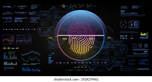 Biometric dashboard. HUD interface with fingerprint scanner. Modern digital personal identification system based on human genotype. Genetic fingerprinting with HUD elements