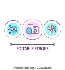 Icono de concepto de bucle de privacidad de datos biométricos. Colección de huellas dactilares y protección idea abstracta ilustración de línea delgada. Proceso de seguridad. Dibujo de contorno aislado. Trazo editable. Tipo de letra arial utilizado
